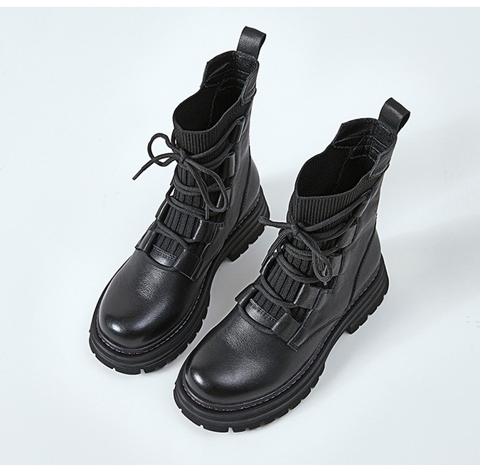 Lace up Women Shoes Chunky Ankle Boots Fashionable and Popular Rubber High Quality Genuine Leather Non-slip Platform Female