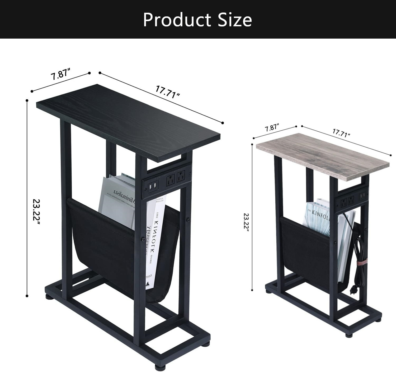 Narrow Side Table Set of 2 with Charging Station Skinny Side Tables with Storage Slim End Tables for Small Spaces