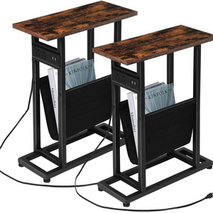 Narrow Side Table Set of 2 with Charging Station Skinny Side Tables with Storage Slim End Tables for Small Spaces