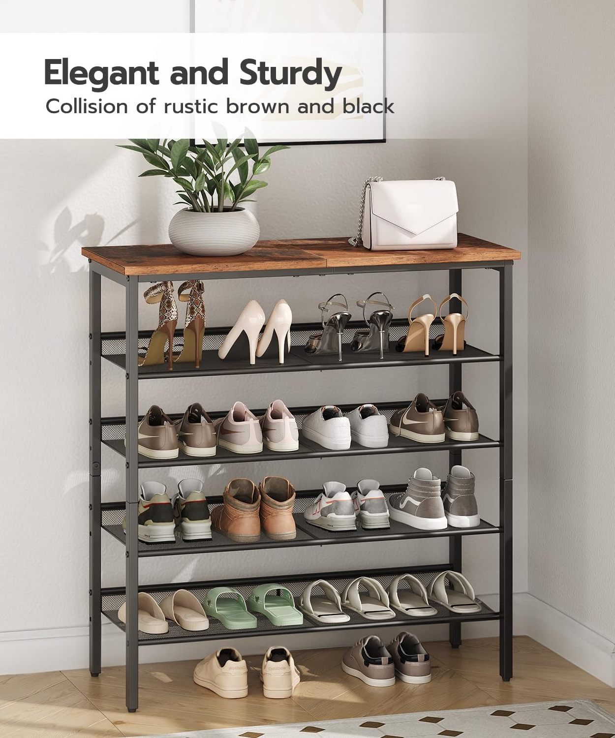 Shoe Rack 5-Tier Storage with Adjustable Mesh Shelves 16-20 Pairs of Shoes Stable and Durable Spacious Top Freestanding