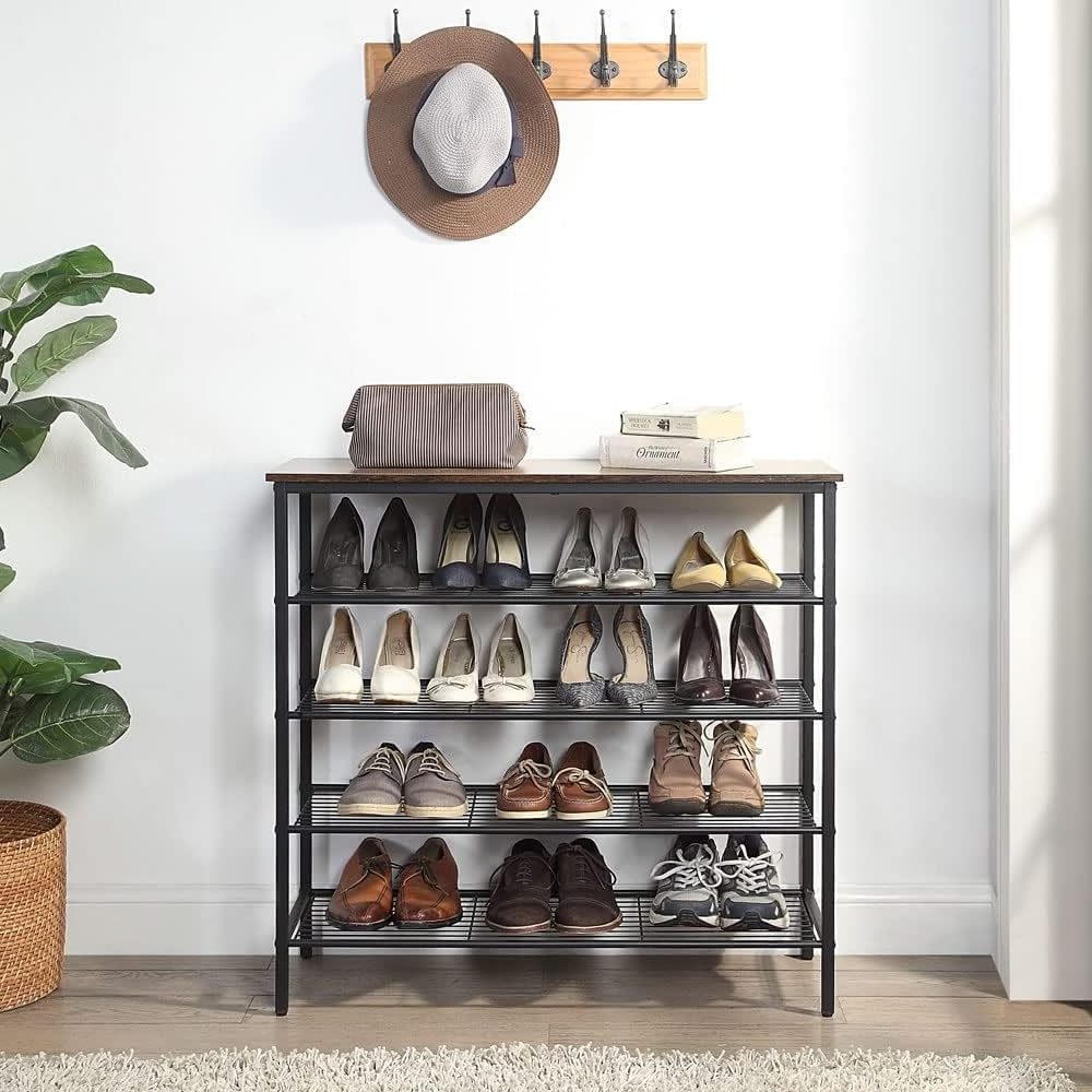 5-Tier Shoe Rack Organizer Metal Mesh Shoe Storage Shelf for Entryway Hallway Closet Dorm Room Industrial Rustic Brown