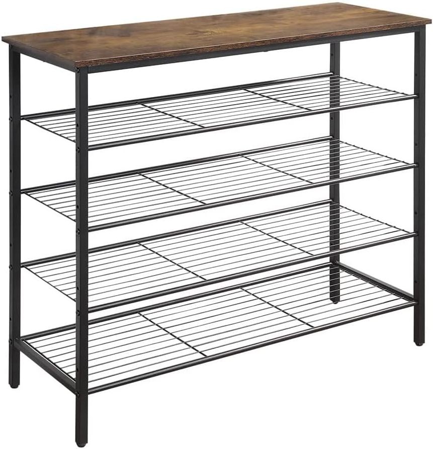 A five tier shoe rack with a raised bottom for an extra tier can be placed in an entryway