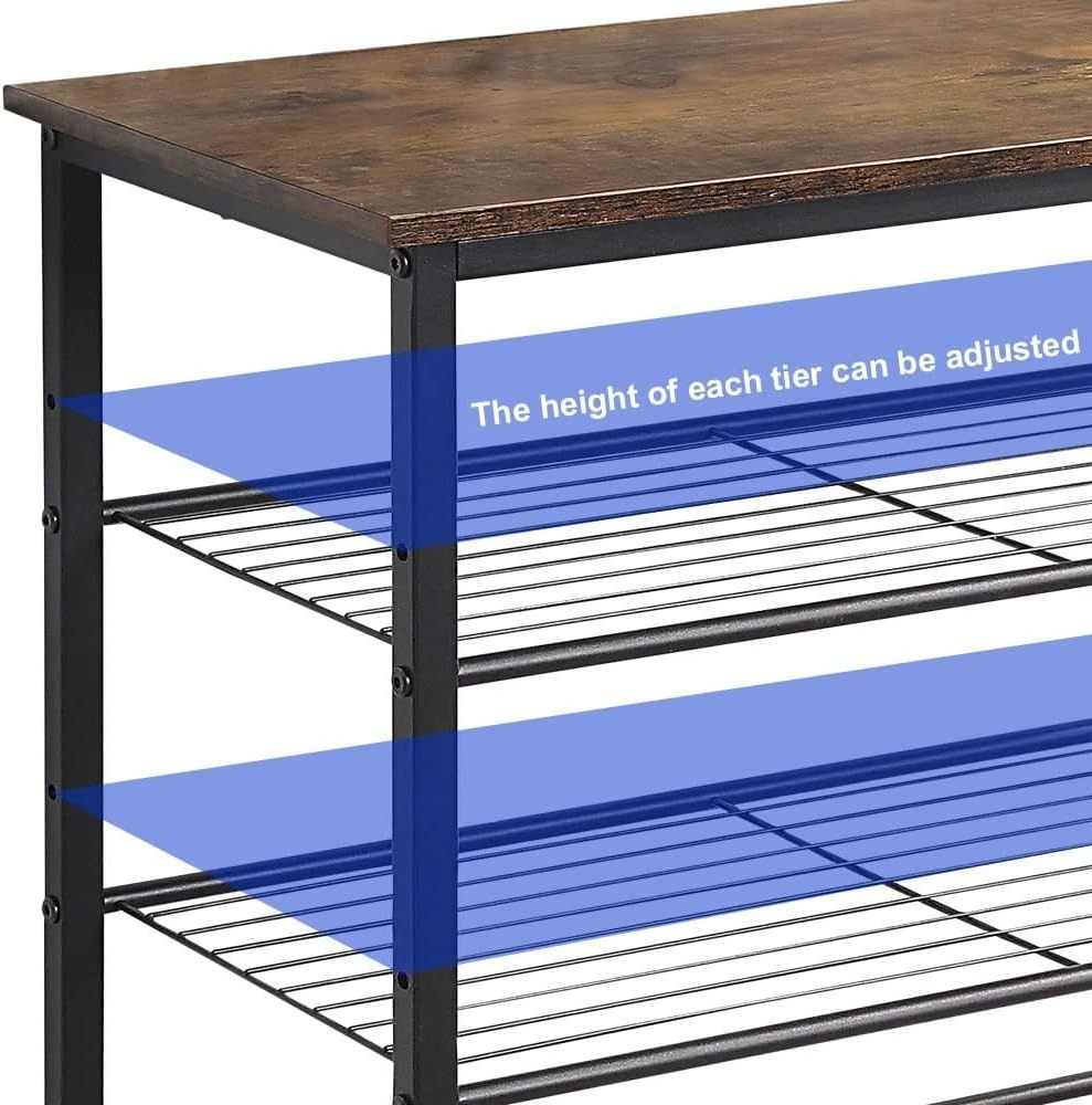 A five tier shoe rack with a raised bottom for an extra tier can be placed in an entryway