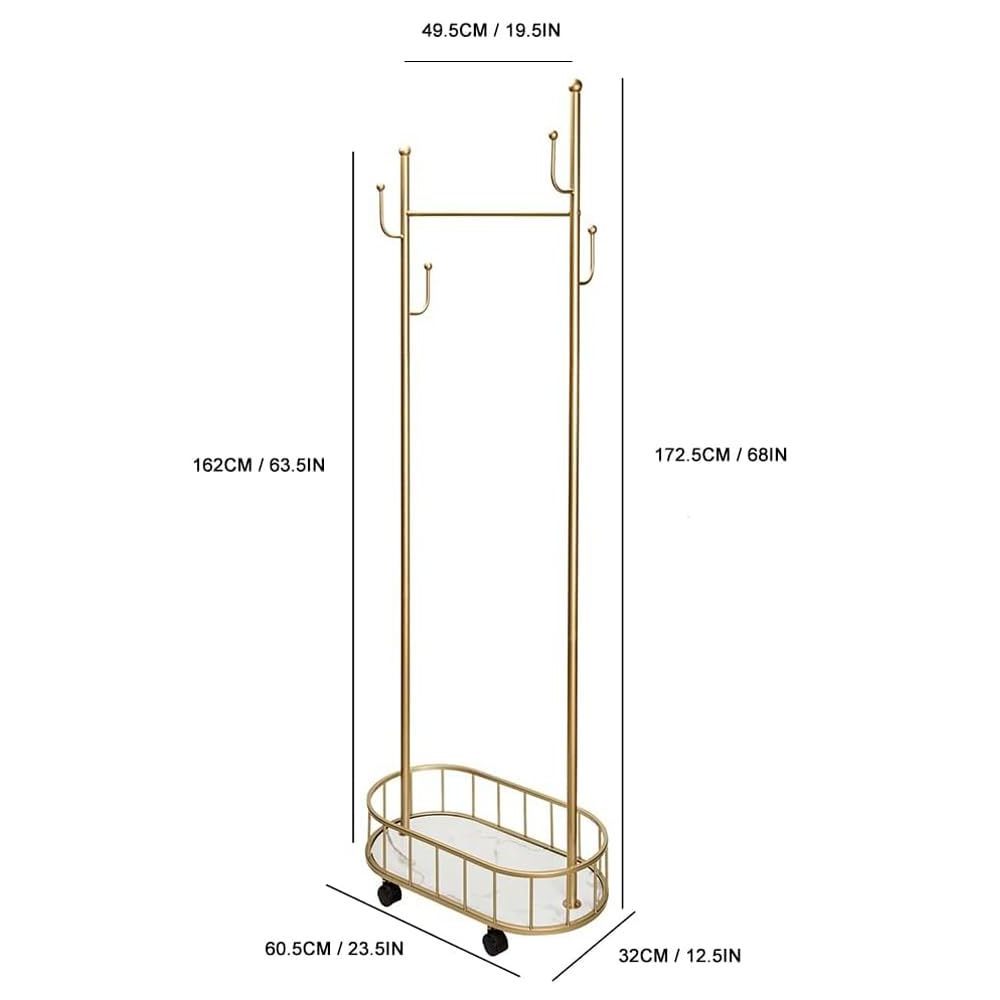 Metal Coat Rack Carrying Clothes Storage Basket and Movable Entryway Coats Hanger Stand with Hooks