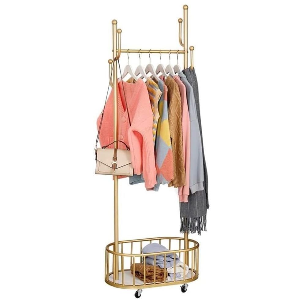 Metal Coat Rack Carrying Clothes Storage Basket and Movable Entryway Coats Hanger Stand with Hooks