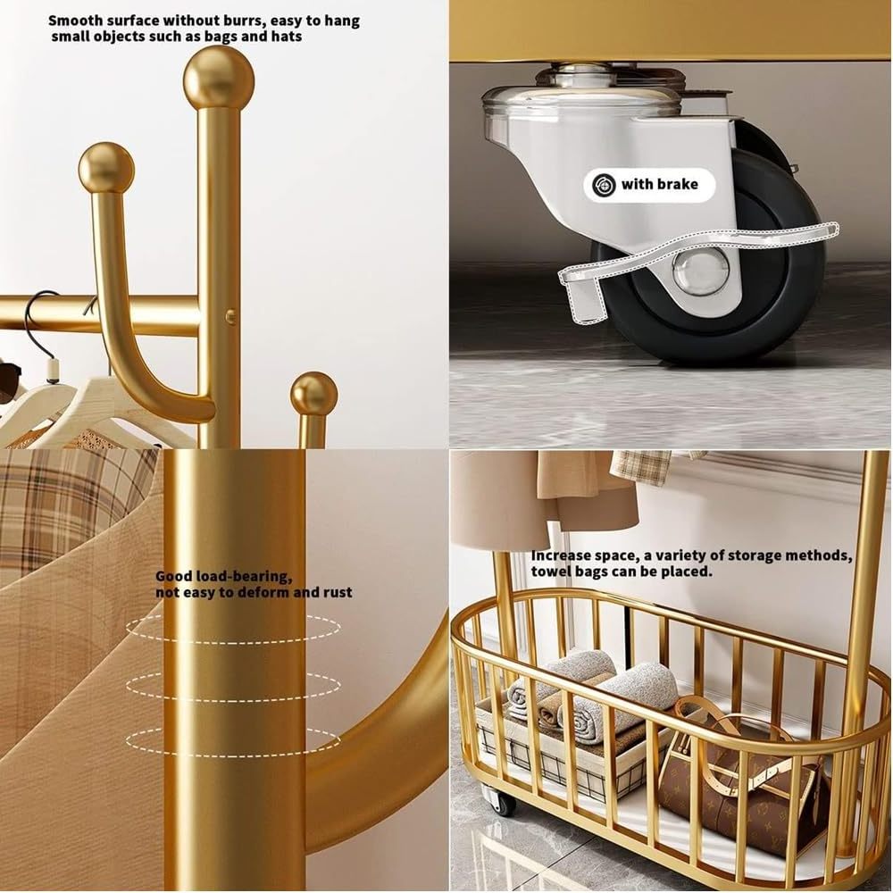 Metal Coat Rack Carrying Clothes Storage Basket and Movable Entryway Coats Hanger Stand with Hooks