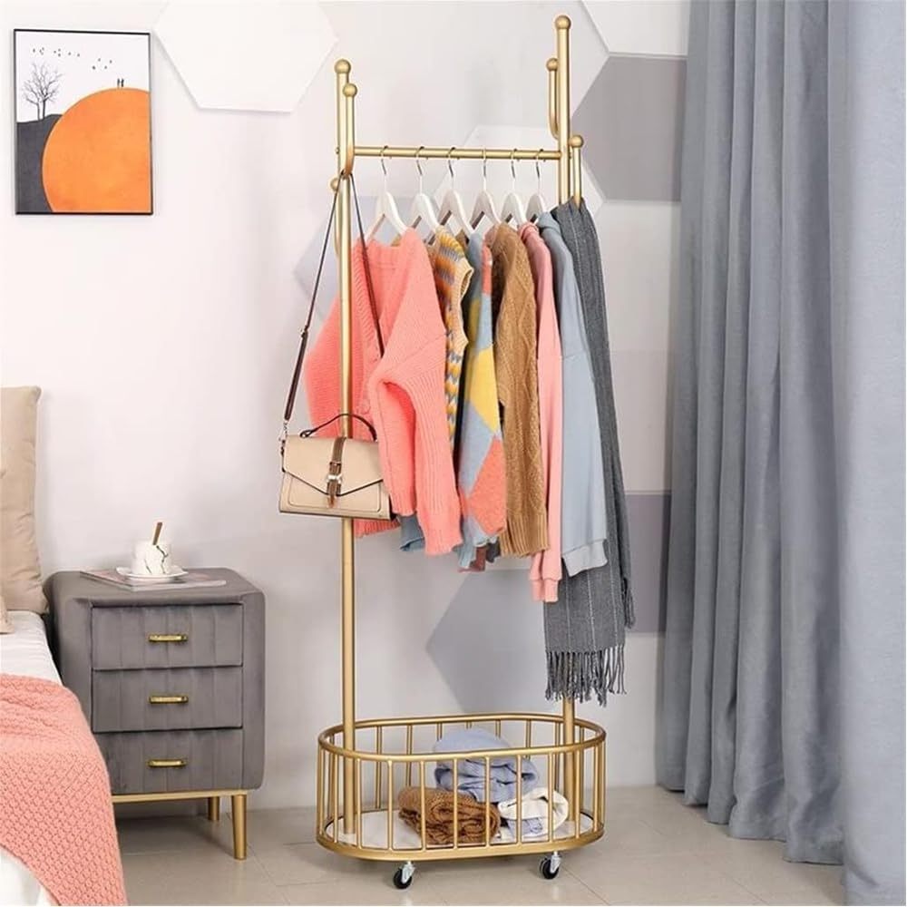 Metal Coat Rack Carrying Clothes Storage Basket and Movable Entryway Coats Hanger Stand with Hooks