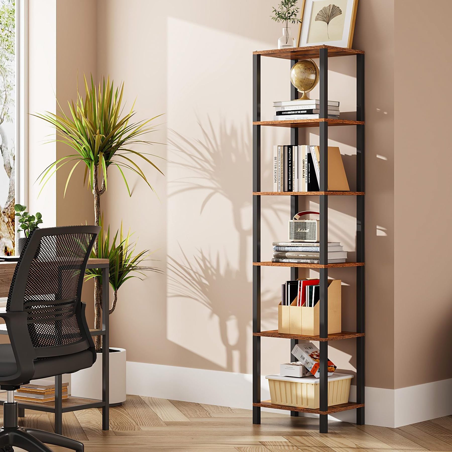 Bookshelf, 6-Tier Tall Book Shelf, Narrow Bookcase for Small Space