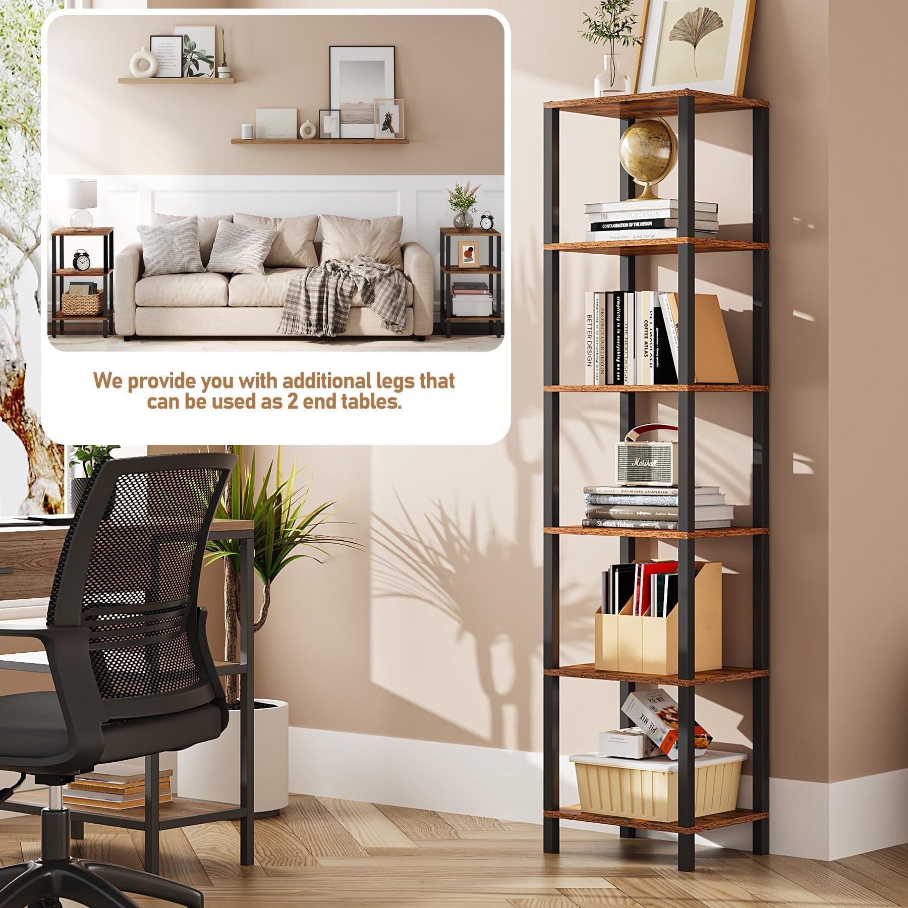 Bookshelf, 6-Tier Tall Book Shelf, Narrow Bookcase for Small Space