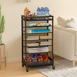 7 Tier Wooden Metal Small Bookcase with Sliding Tray Floor Standing Bookcase Storage Shelf Mobile Bookcase on Wheels