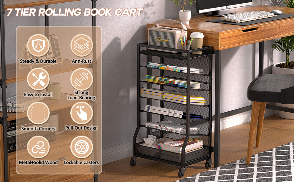 7 Tier Wooden Metal Small Bookcase with Sliding Tray Floor Standing Bookcase Storage Shelf Mobile Bookcase on Wheels