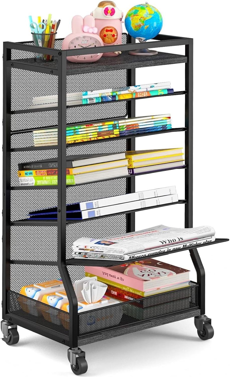 7 Tier Wooden Metal Small Bookcase with Sliding Tray Floor Standing Bookcase Storage Shelf Mobile Bookcase on Wheels