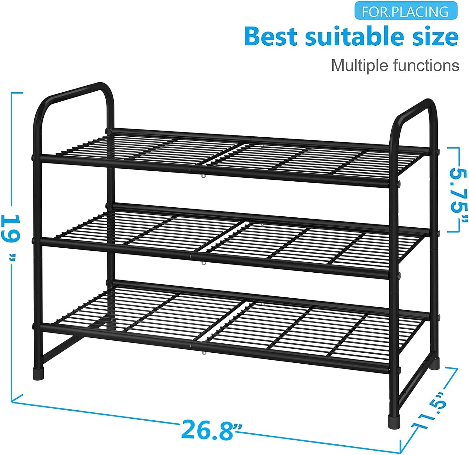 Black 3 Tier Stackable Shoe Rack Expandable and Adjustable Shoe Rack Storage Organizer Wire Mesh Compartment