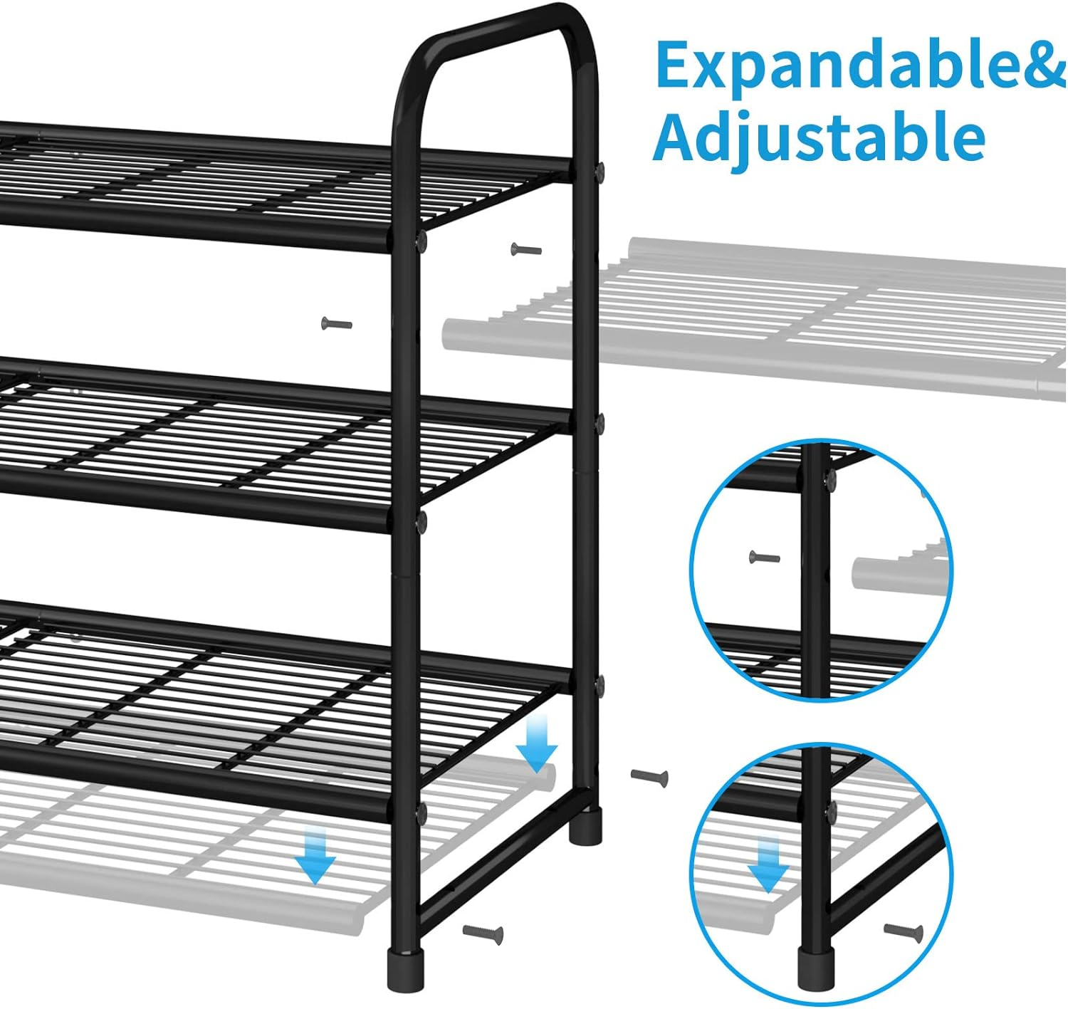 Black 3 Tier Stackable Shoe Rack Expandable and Adjustable Shoe Rack Storage Organizer Wire Mesh Compartment