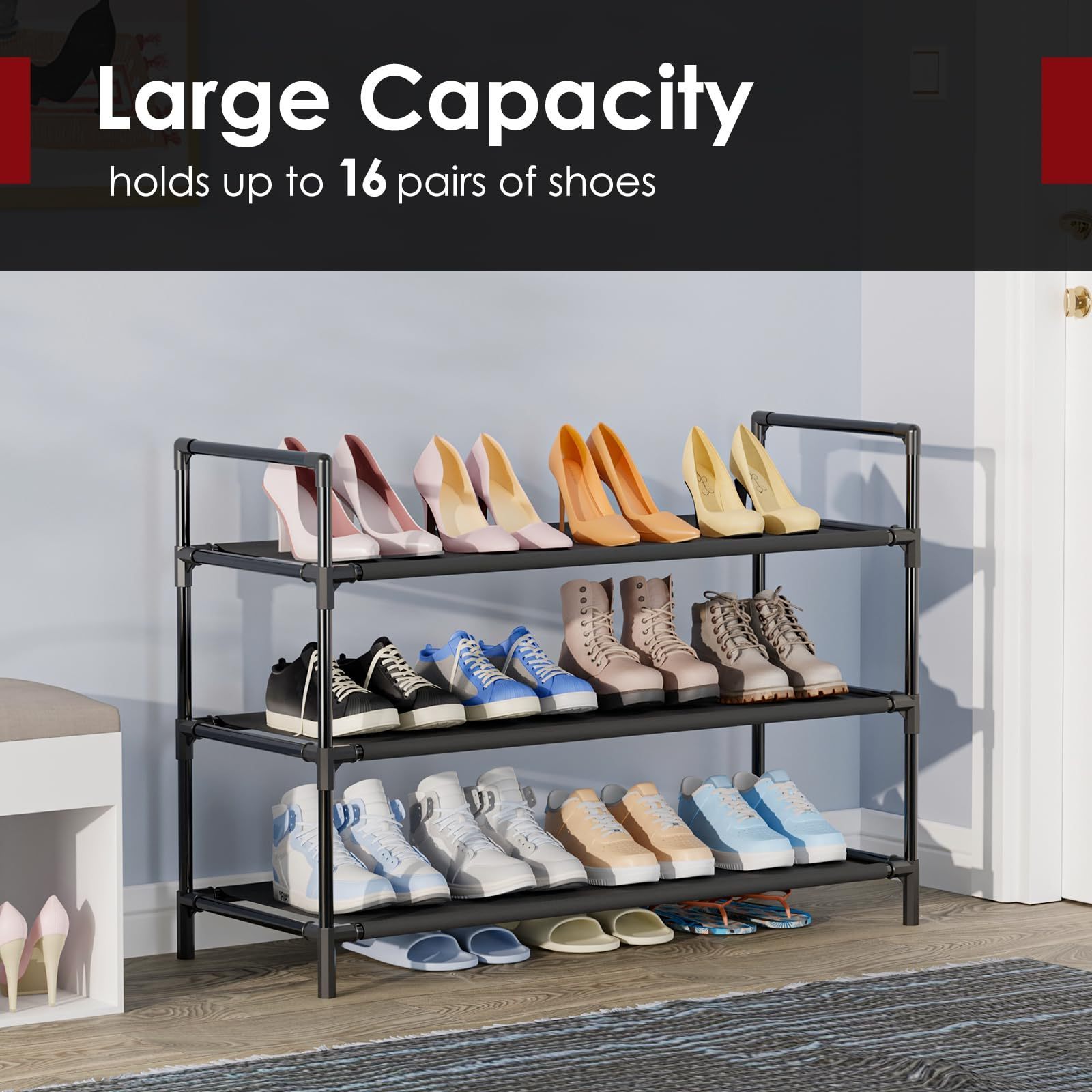 Sturdy and durable metal 3-tier storage shoe rack for closets garages and hallways Stackable shoe rack holds up to 16 pairs of s