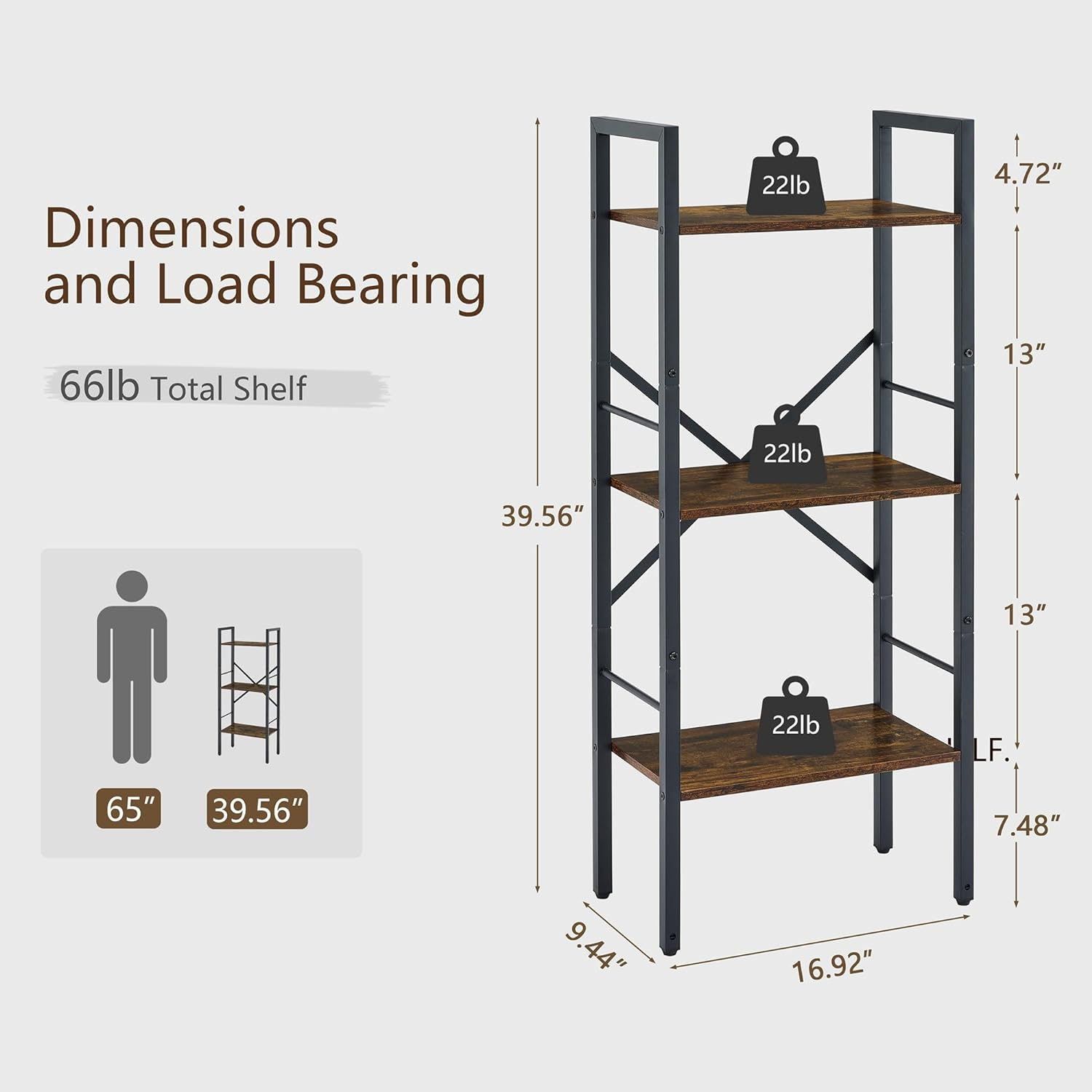 3 Tier Ladder Shelf Industrial Ladder Bookshelf Narrow Small Bookshelf with Metal Frame Book Shelf for Bedroom