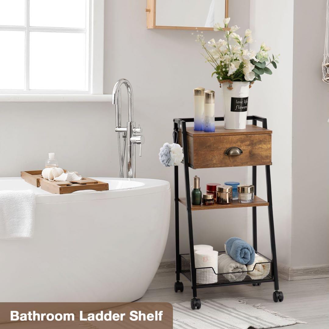 Bathroom Ladder Shelf 3 Tier Shelves Organizer with Drawer Bathroom Table Stand for Small Spaces Free Standing Storage