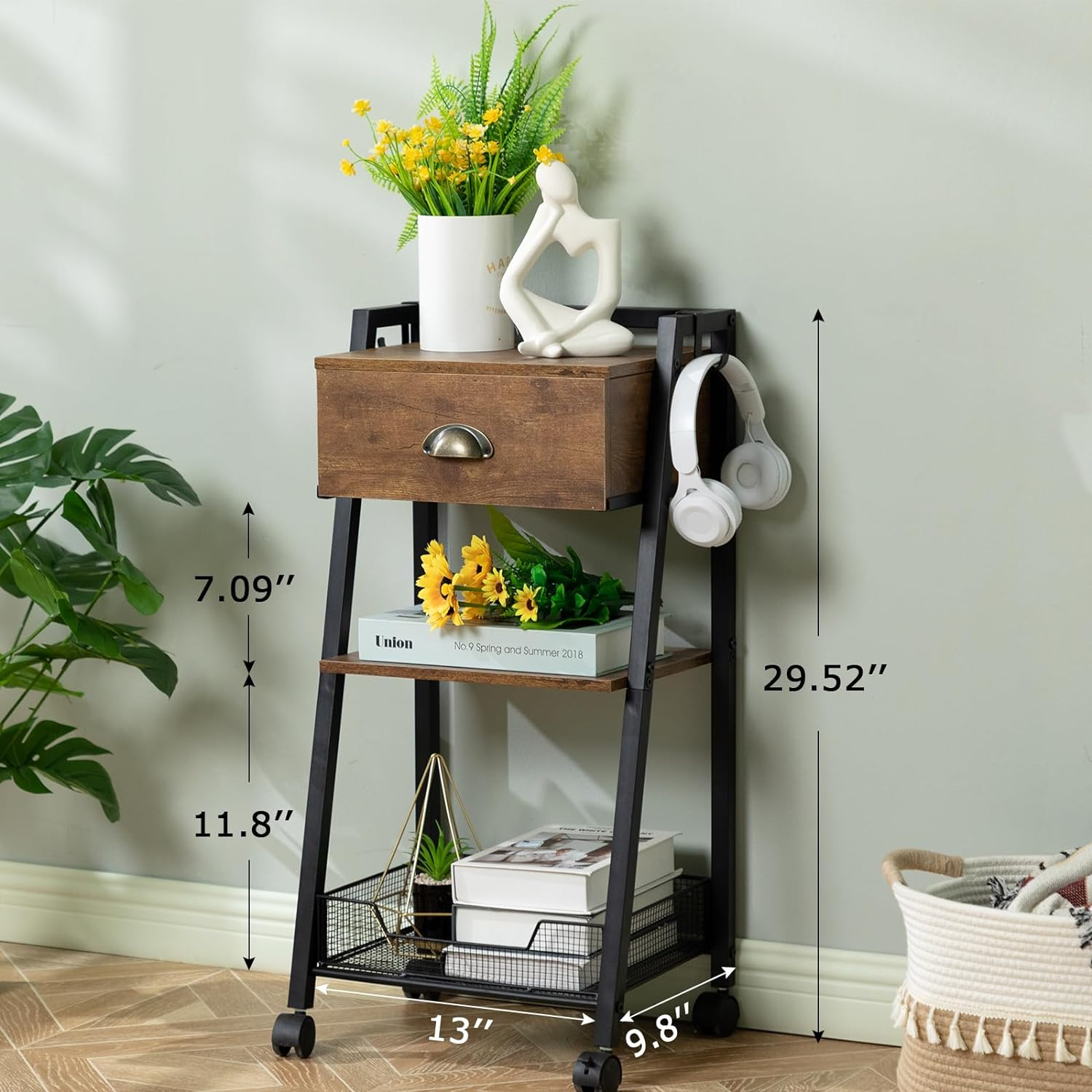 Bathroom Ladder Shelf 3 Tier Shelves Organizer with Drawer Bathroom Table Stand for Small Spaces Free Standing Storage