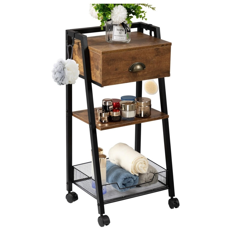 Bathroom Ladder Shelf 3 Tier Shelves Organizer with Drawer Bathroom Table Stand for Small Spaces Free Standing Storage