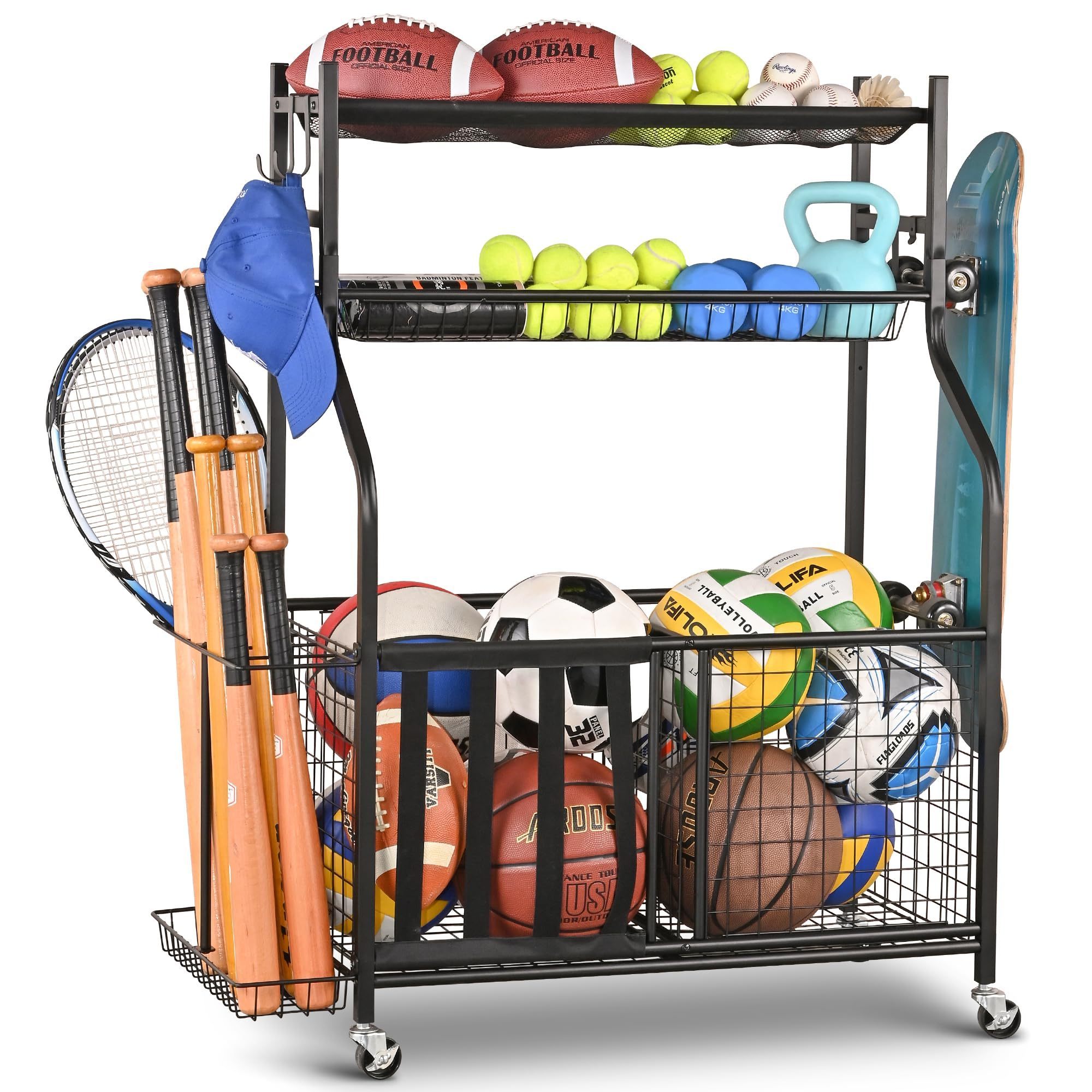 Black Garage Organizer Sports Equipment Storage with Baskets and Hooks Basketball Storage Rack Golf Organizer