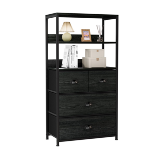 Vertical Dresser 3-Tier Wood Shelf Tall Fabric Storage Tower with 4 Drawers Black Closet Organizer Unit for Bedroom