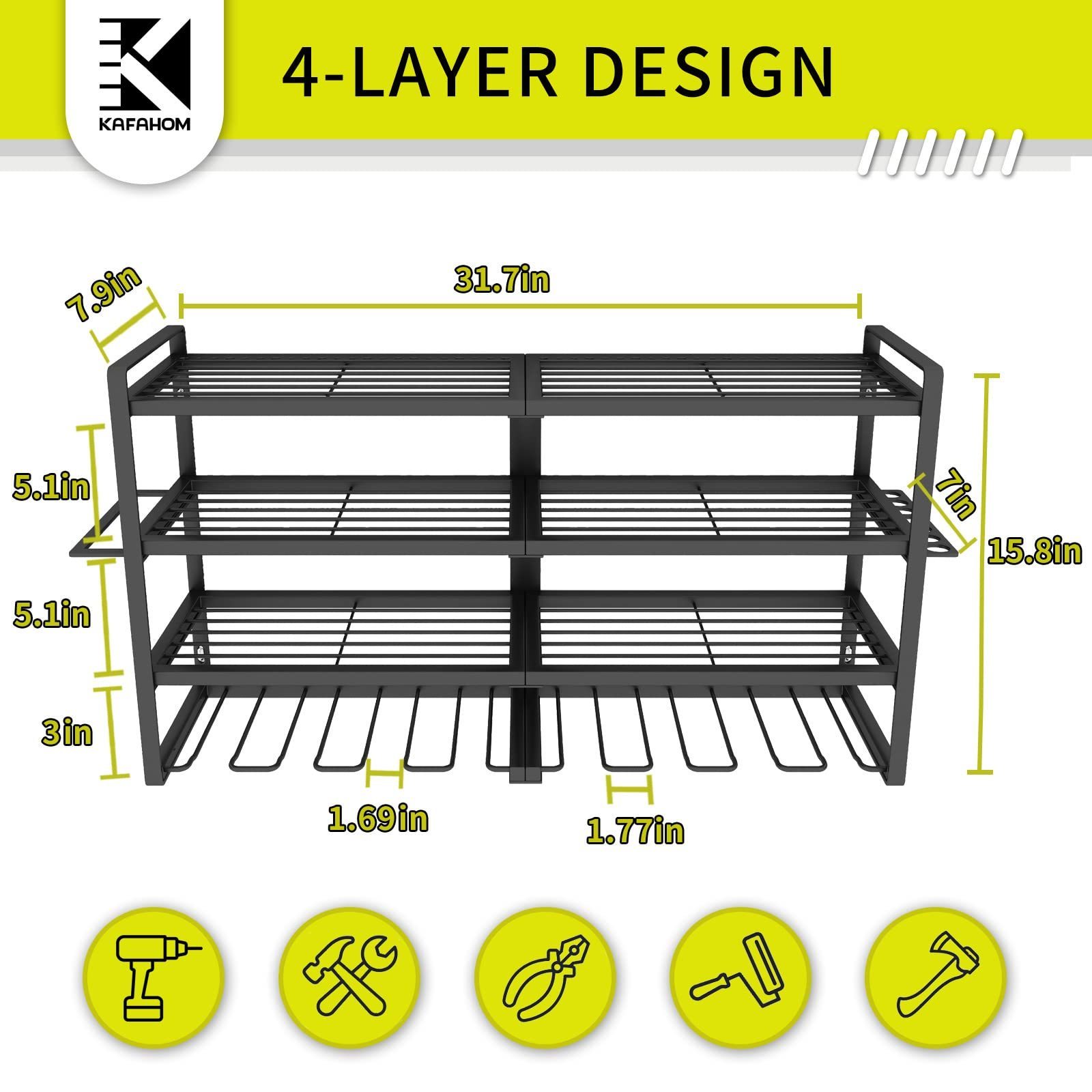 Power Tool Organizer 8 Drill Racks Wall Mounted 4 Tier Heavy Duty Metal Garage Tool with Screwdriver Rack Pliers Racks