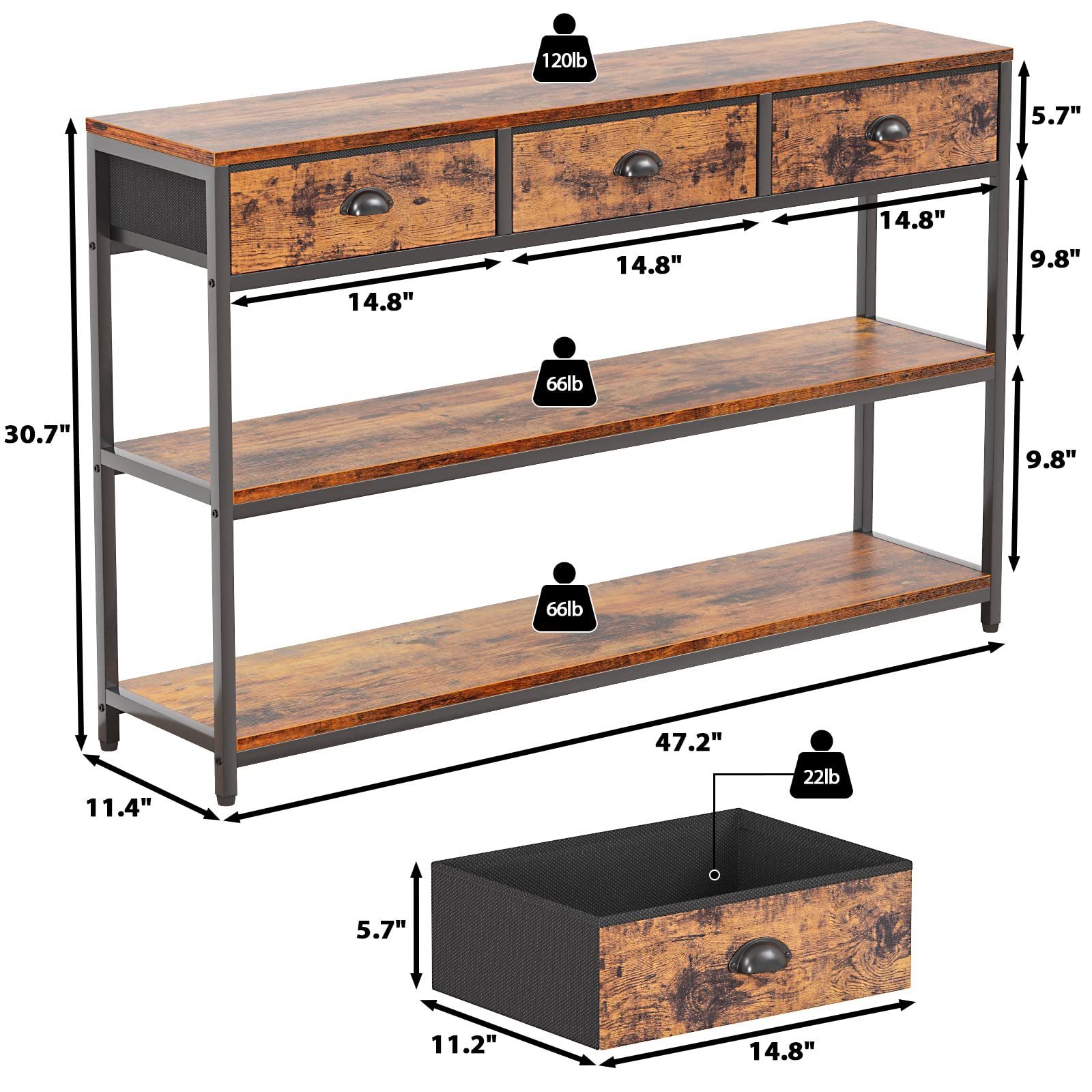 Console Table with 3 Drawers Entryway Table with 3-Tier Storage Shelves Narrow Sofa Table