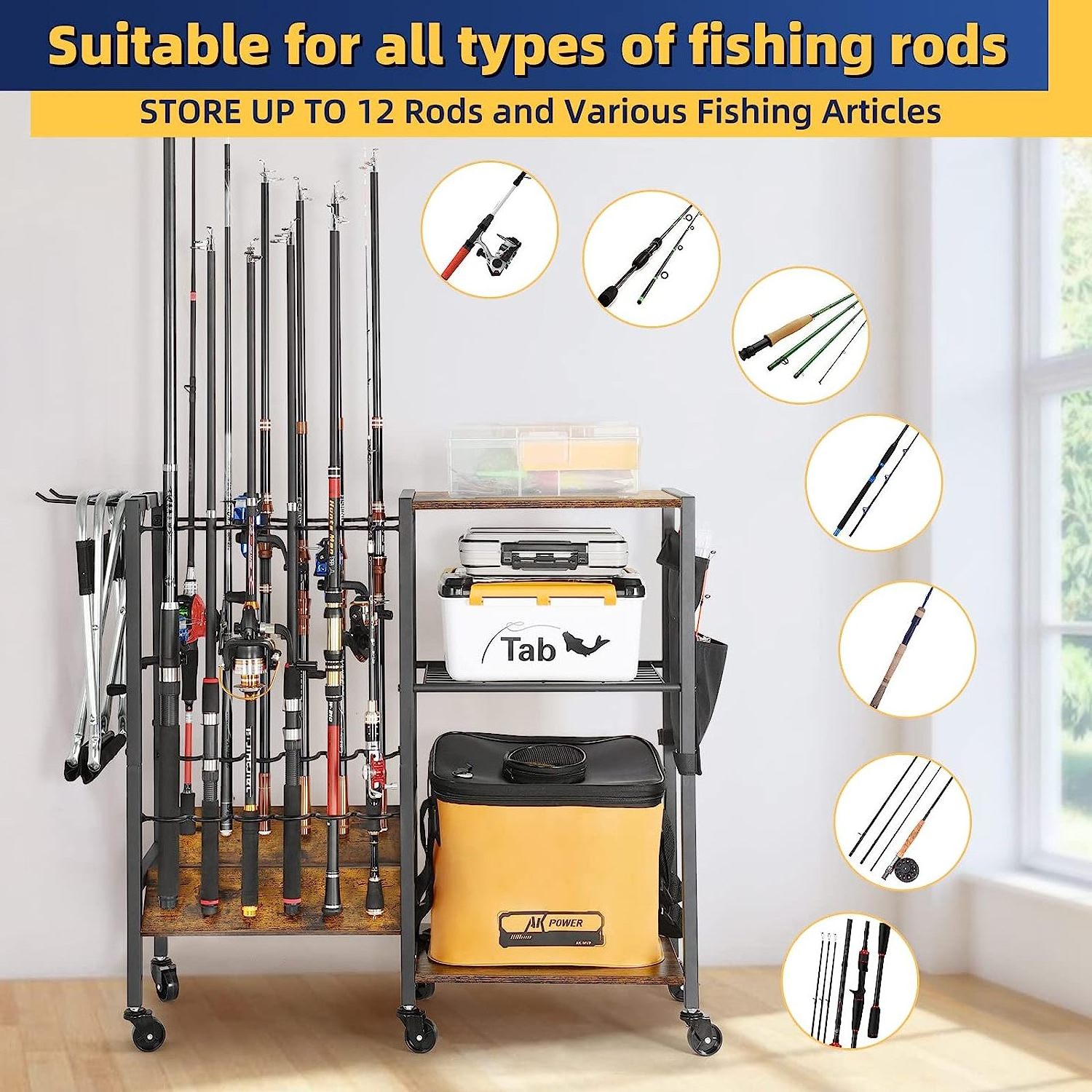 Metal and wood combination Place in the garage Home Entrance Gifts Men's Father's Fishing Tackle Organizer Fishing Rods  Gear