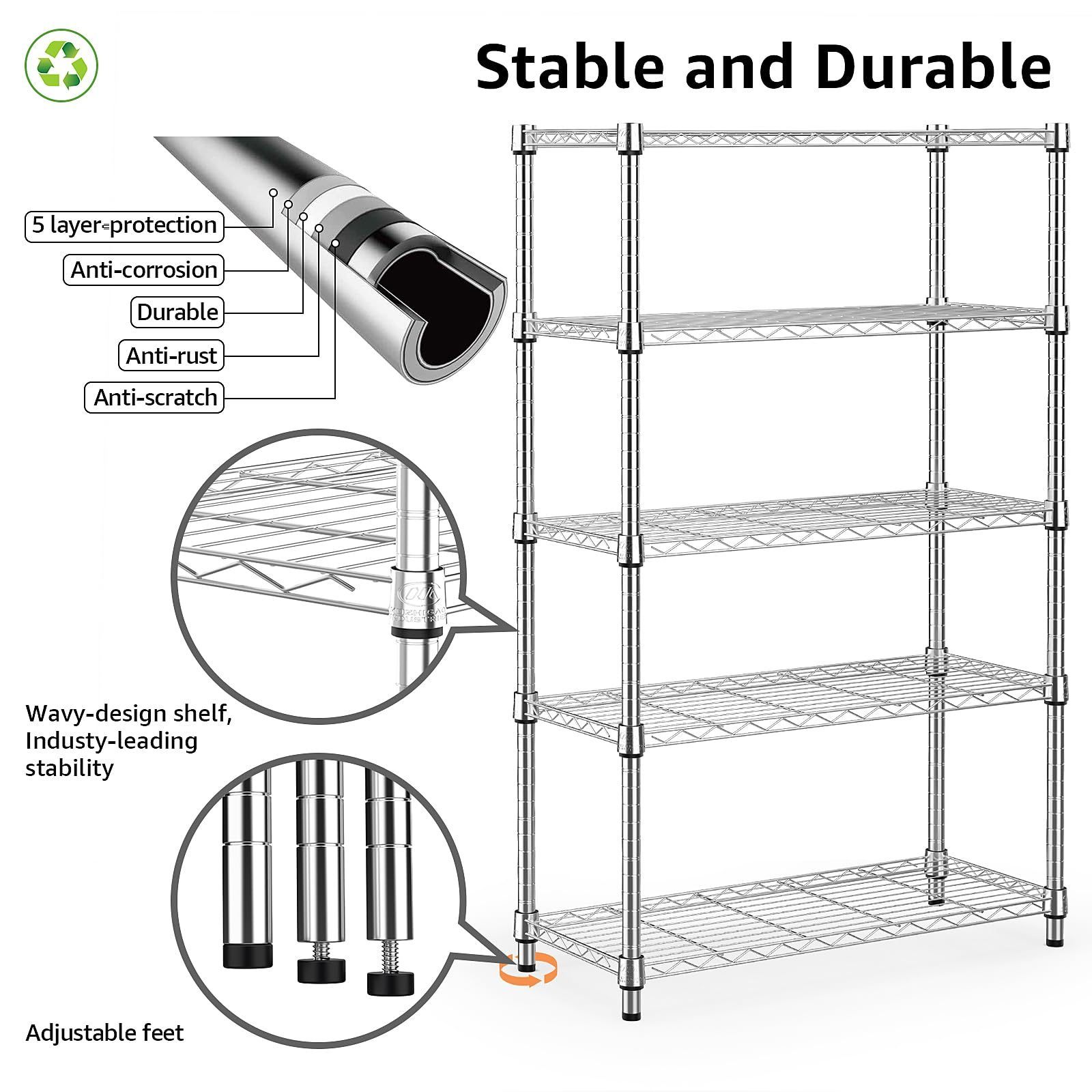 Made of high quality material Sturdy and durable 5 tier utility shelving unit steel storage wire rack for home kitchen office