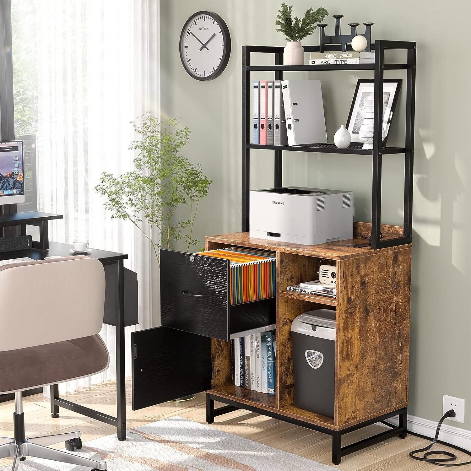 Vertical Filing Cabinet with Lock & Charging Station Large Drawer Wood File Cabinet with Bookshelf Printer Stand with Storage