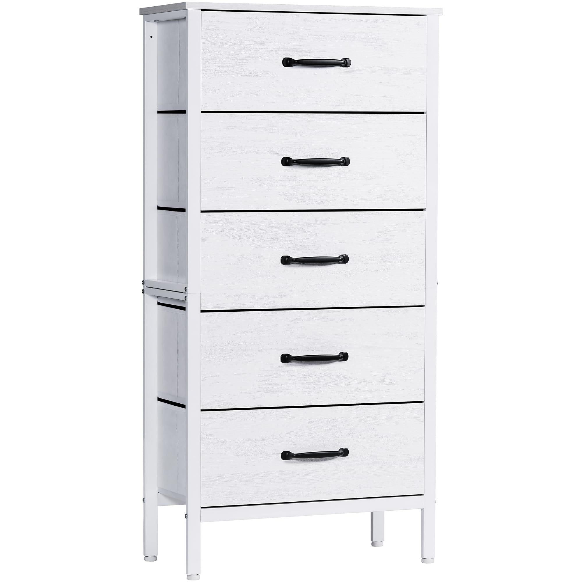 White Dresser for Bedroom White Chest of 5 Fabric Drawers for Bedroom Coat Closet Check Room Tall White Fabric Dresser