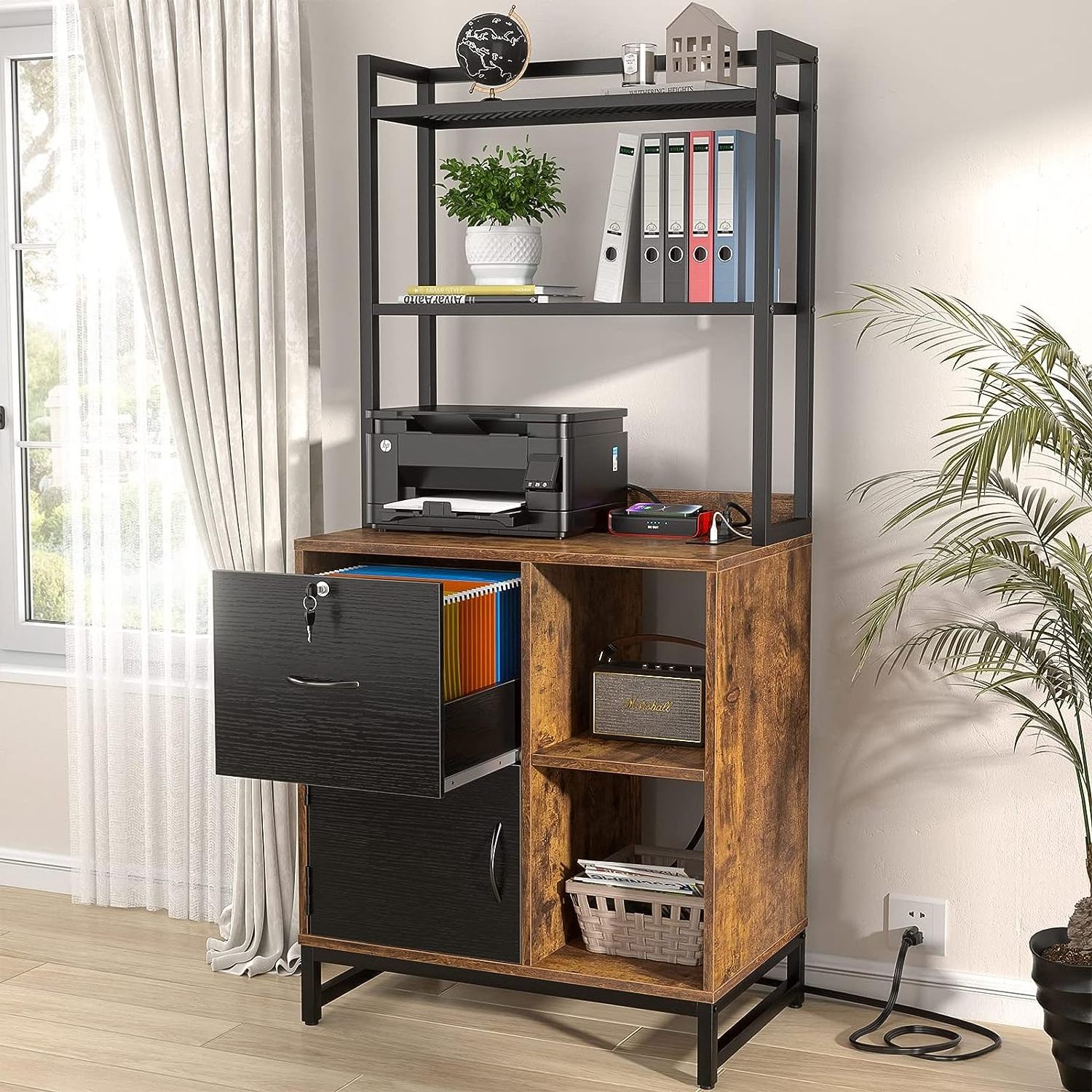 Vertical Filing Cabinet with Lock & Charging Station Large Drawer Wood File Cabinet with Bookshelf Printer Stand with Storage