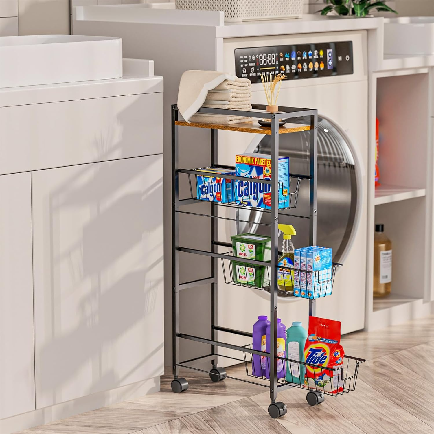 4-Tier Slim Storage Cart with Wheels Rolling Utility Cart with Slide-Out Wire Baskets Wooden Tabletop,Mobile Shelving