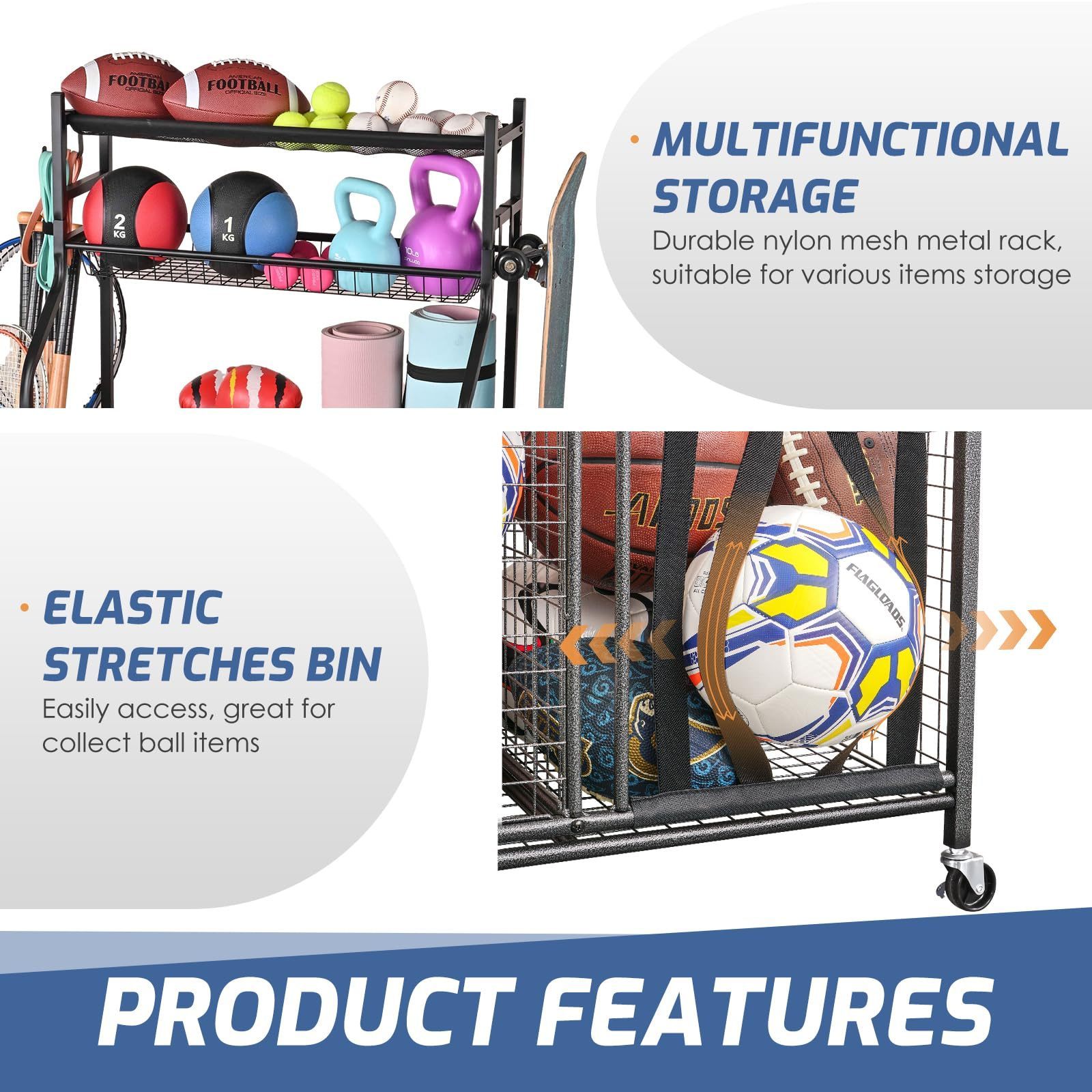 Black Garage Organizer Sports Equipment Storage with Baskets and Hooks Basketball Storage Rack Golf Organizer