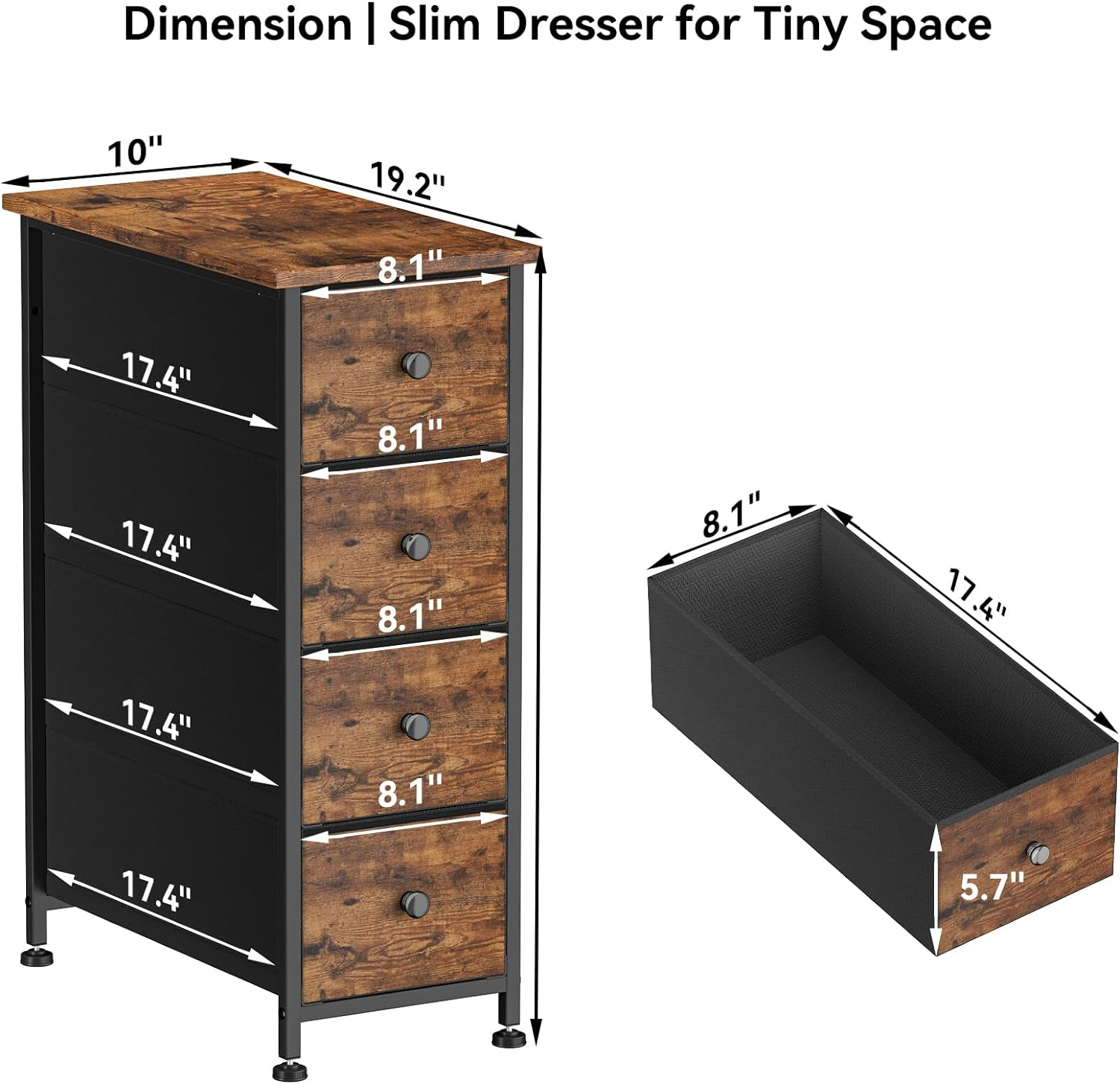 Narrow Dresser Storage Tower with 4 Removable Fabric Drawers Slim Dresser with Steel Frame Wood Top Organizer