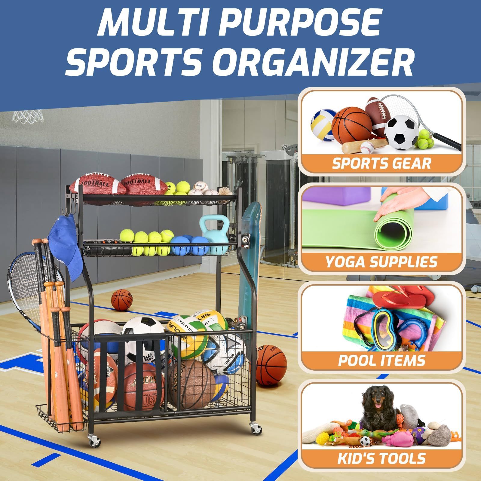 Black Garage Organizer Sports Equipment Storage with Baskets and Hooks Basketball Storage Rack Golf Organizer