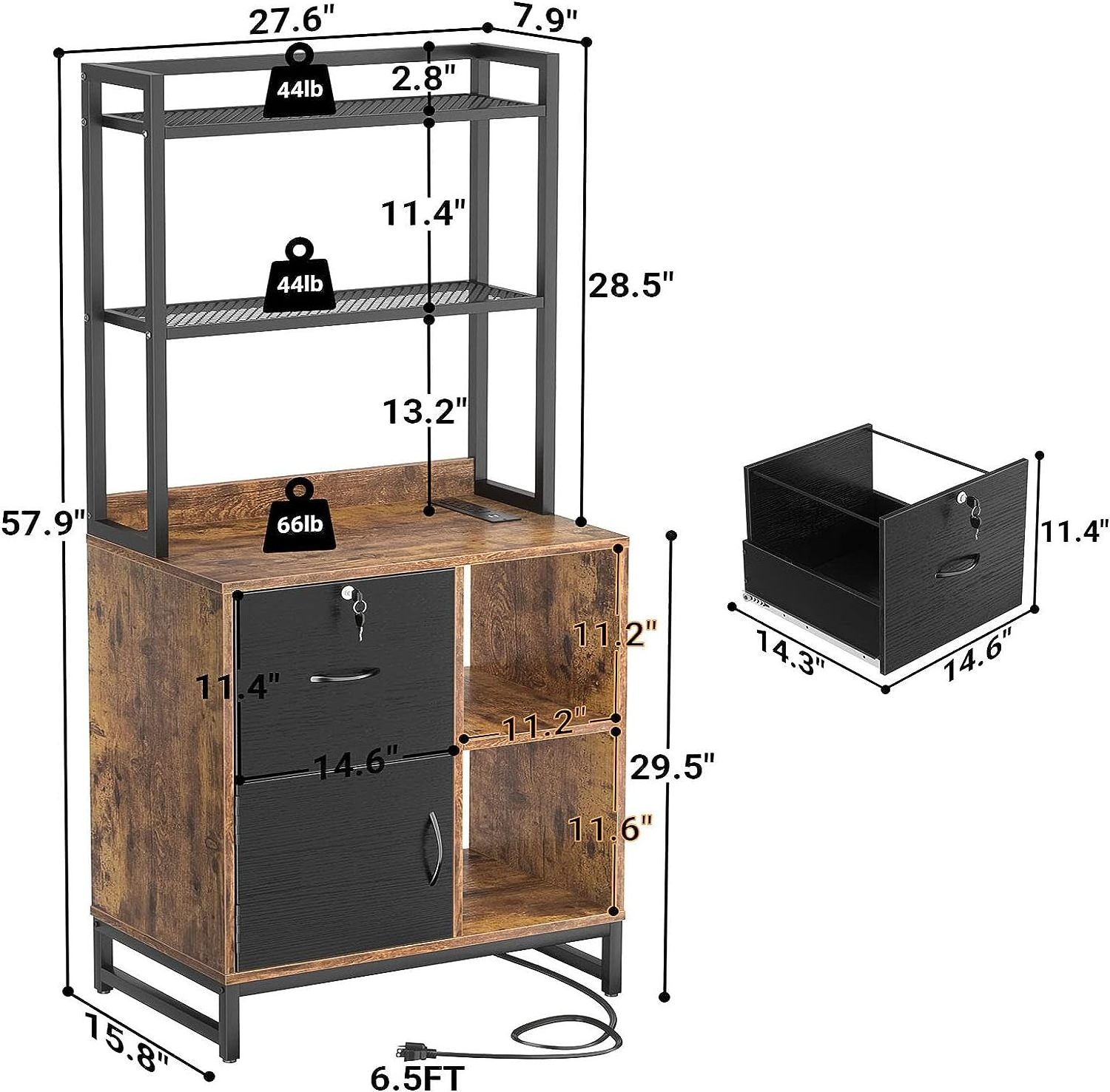 Vertical Filing Cabinet with Lock & Charging Station Large Drawer Wood File Cabinet with Bookshelf Printer Stand with Storage