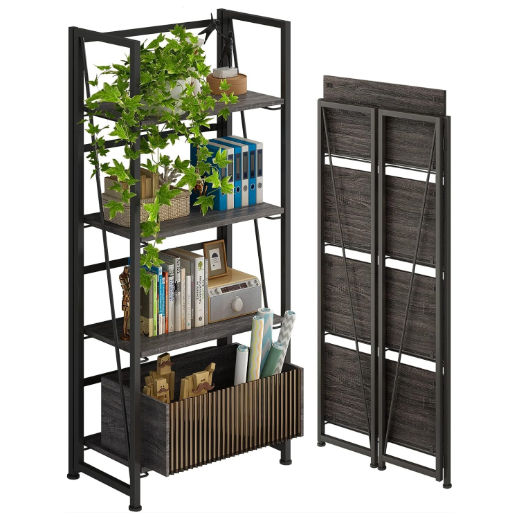 High Quality No Assembly Folding Bookshelf Storage Shelves 4 Tiers Vintage Bookcase Standing Racks Study Organizer Home Office