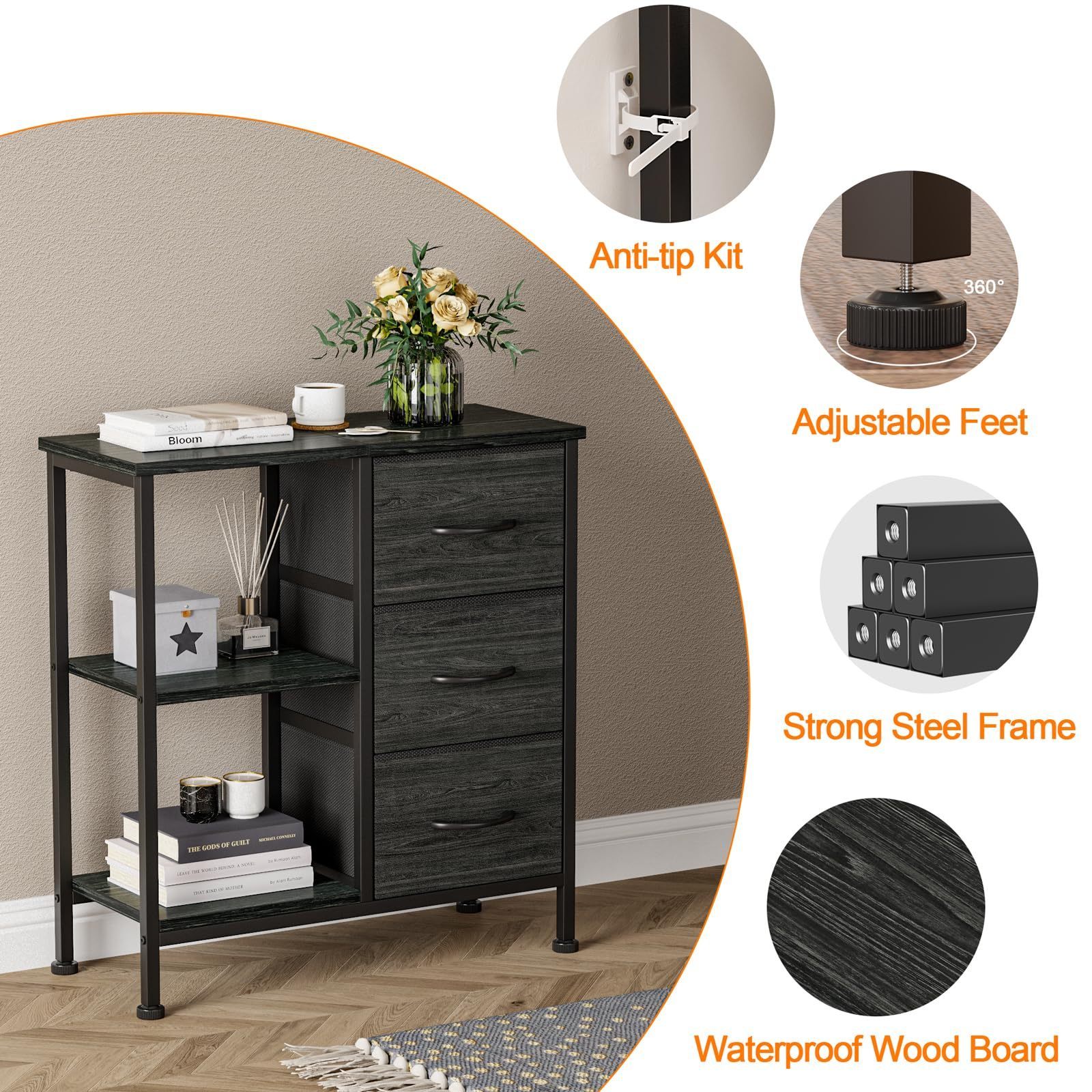 3 Drawer Dresser for Bedroom Small Nightstand Beside Table with Side Shelf Fabric dresser Organizer Storage for Living Room