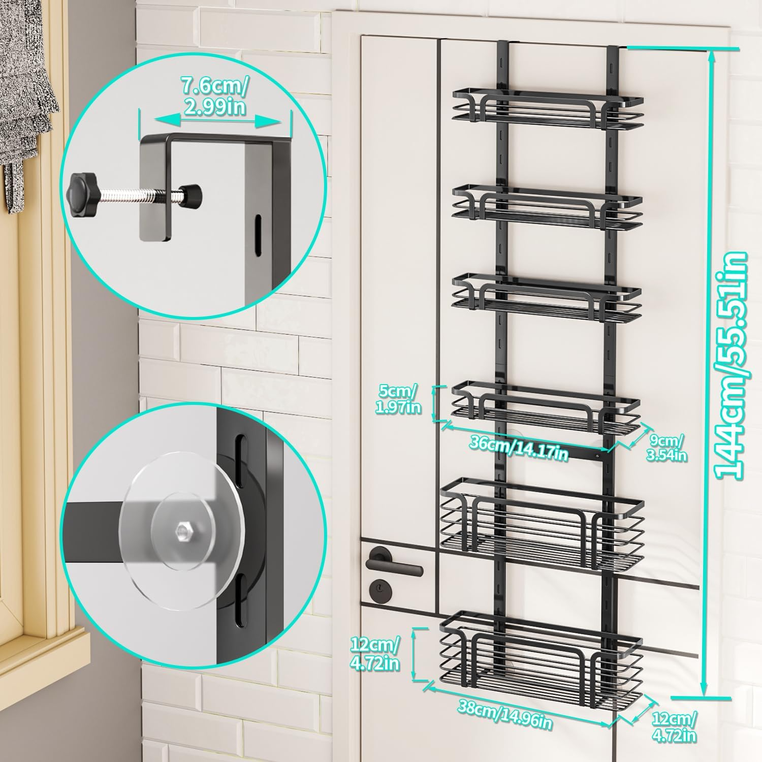 Kitchen Living Room Bathroom Entry Door 6-Panel Over the Door Pantry Organizer Large Capacity Adjustable Hanging Metal Basket