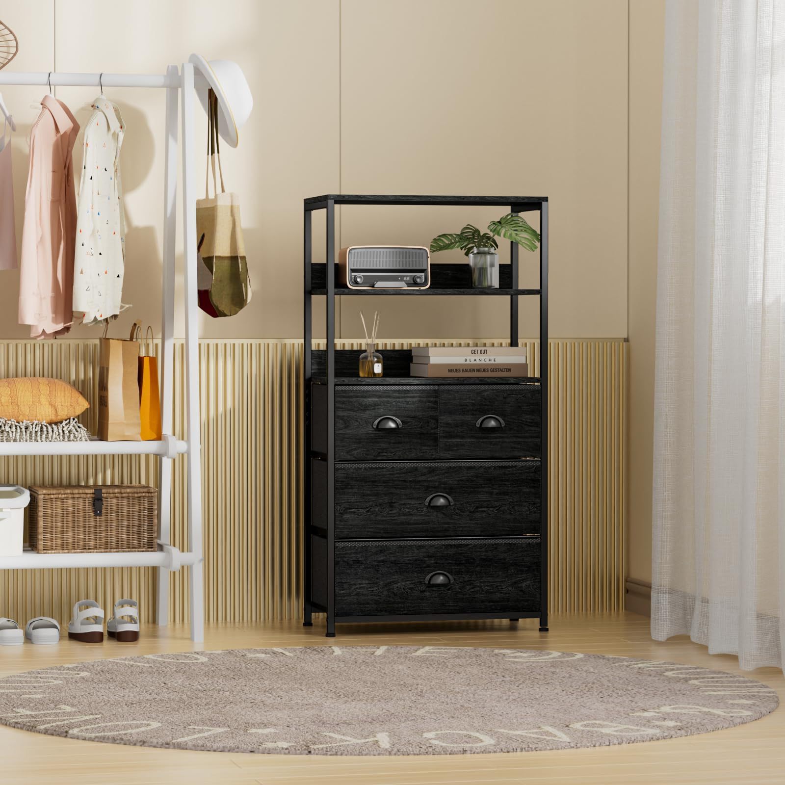 Vertical Dresser 3-Tier Wood Shelf Tall Fabric Storage Tower with 4 Drawers Black Closet Organizer Unit for Bedroom