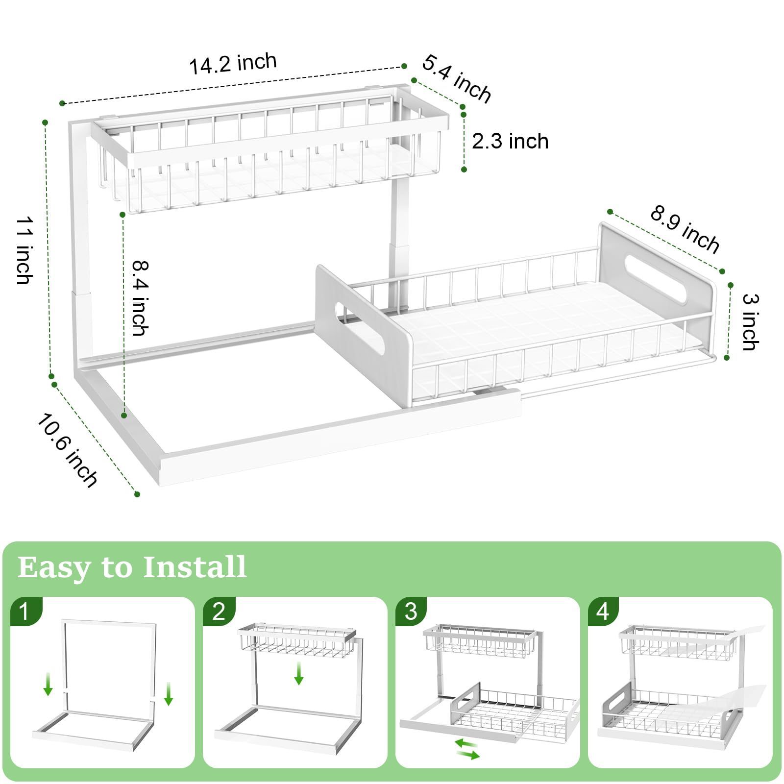 metal material White 1 Piece 2 Tier Pull Out Sink Shelf Cabinet Storage Kitchen Bathroom Cabinet Under Sink Organizer