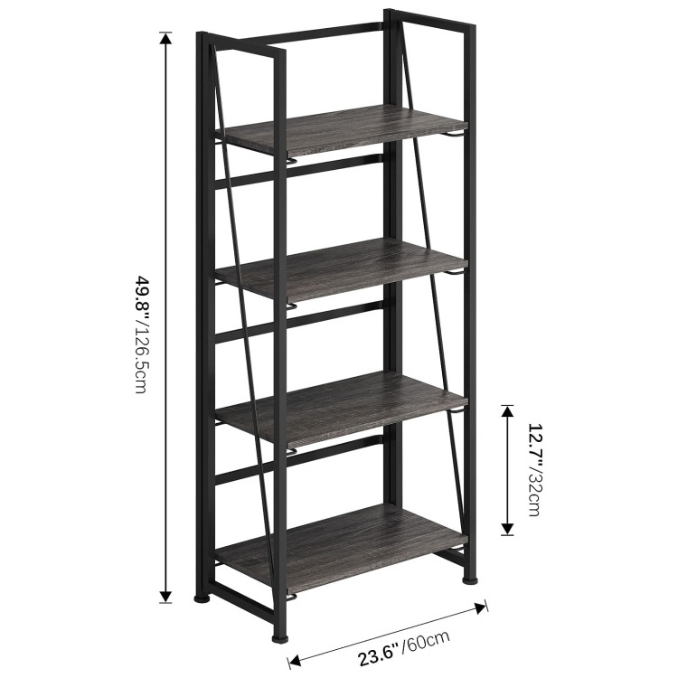 High Quality No Assembly Folding Bookshelf Storage Shelves 4 Tiers Vintage Bookcase Standing Racks Study Organizer Home Office