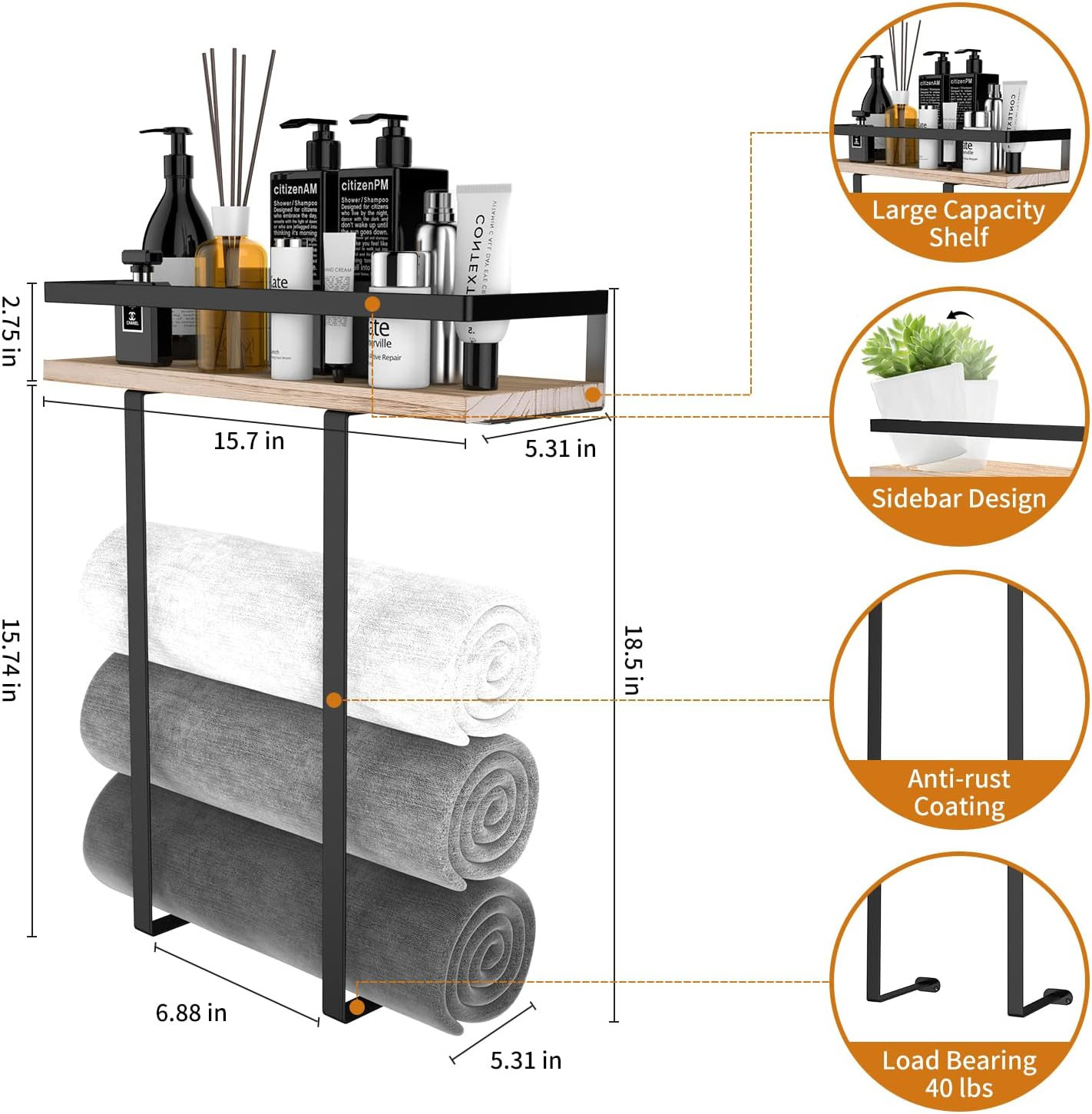 Towel Racks for Bathroom Wall Mounted Metal Towel Holder with Wooden Shelf for Folding Large Towels