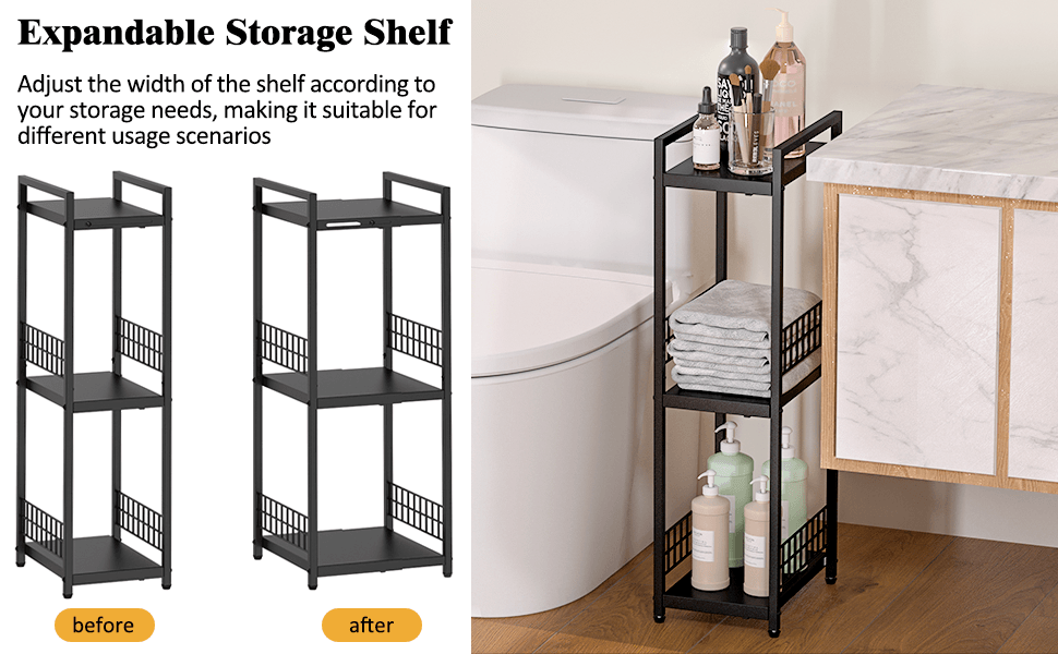 3 Tier Metal Expandable Slim Storage Rack Freestanding Narrow Shelf Open Organizer for Small Space Laundry Bathroom Kitchen