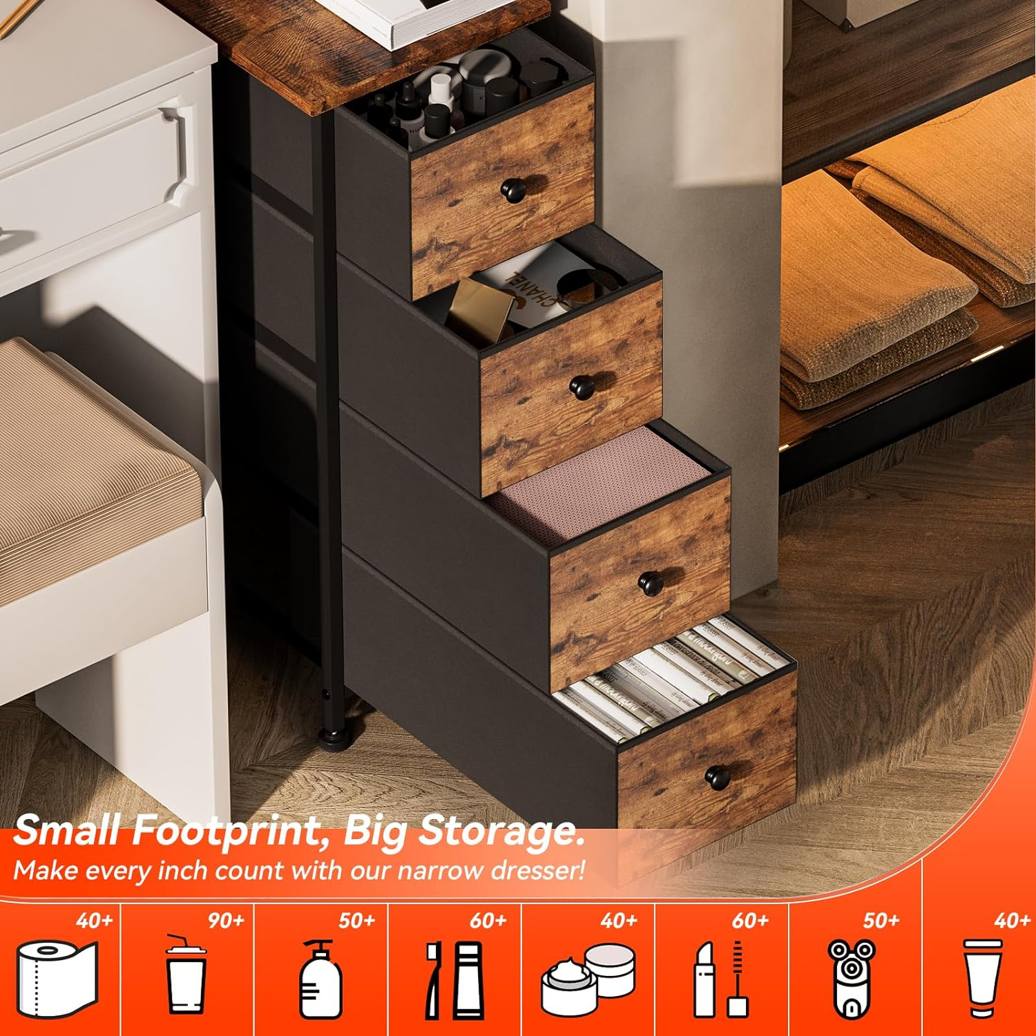 Narrow Dresser Storage Tower with 4 Removable Fabric Drawers Slim Dresser with Steel Frame Wood Top Organizer