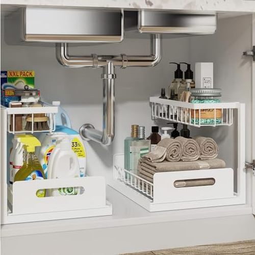 metal material White 1 Piece 2 Tier Pull Out Sink Shelf Cabinet Storage Kitchen Bathroom Cabinet Under Sink Organizer