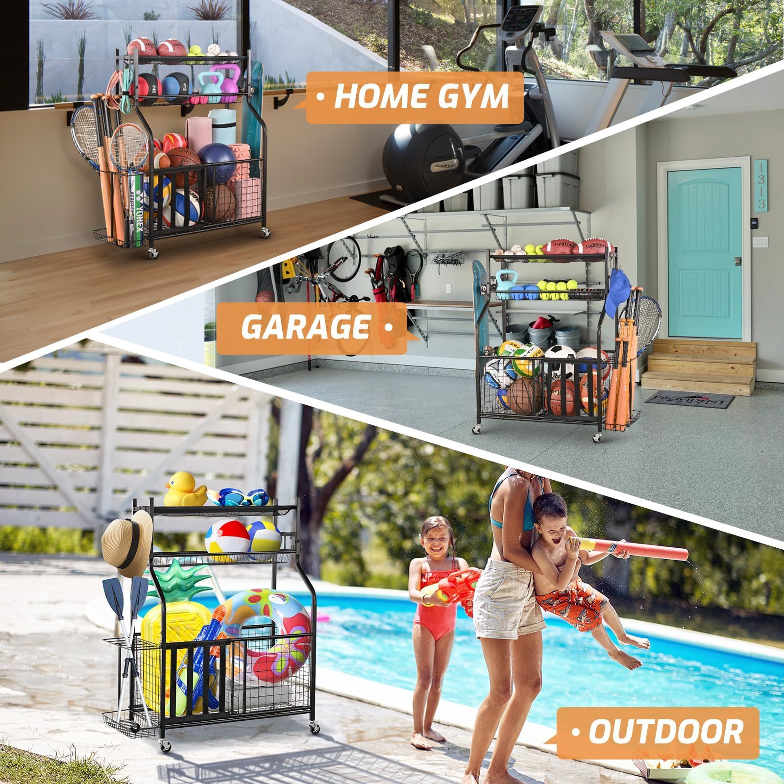 Black Garage Organizer Sports Equipment Storage with Baskets and Hooks Basketball Storage Rack Golf Organizer