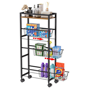 4-Tier Slim Storage Cart with Wheels Rolling Utility Cart with Slide-Out Wire Baskets Wooden Tabletop,Mobile Shelving