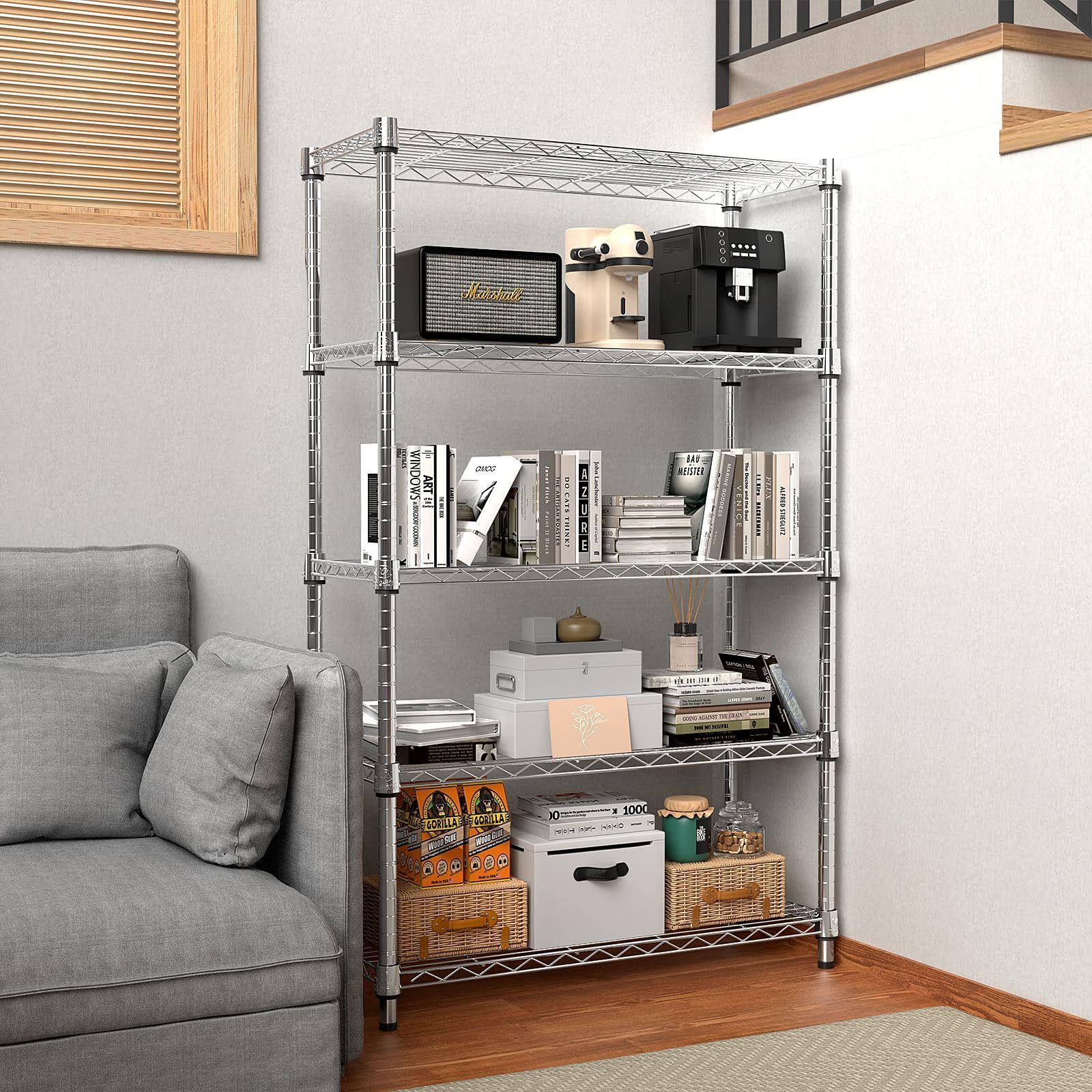 Made of high quality material Sturdy and durable 5 tier utility shelving unit steel storage wire rack for home kitchen office